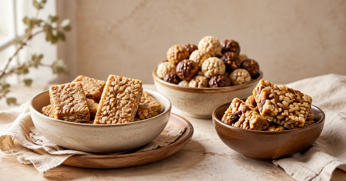 Illustration: small oat confection bars, round cereal confections and nut-crisp bites in separate bowls Illustration: small oat confection bars, round cereal confections and nut-crisp bites in separate bowls