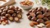 Chocolate-coated peanuts and almonds cut open beside ingredient labels in an unbranded comparison