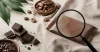 Plant leaves, cocoa beans and a chocolate label checklist with no visible brand