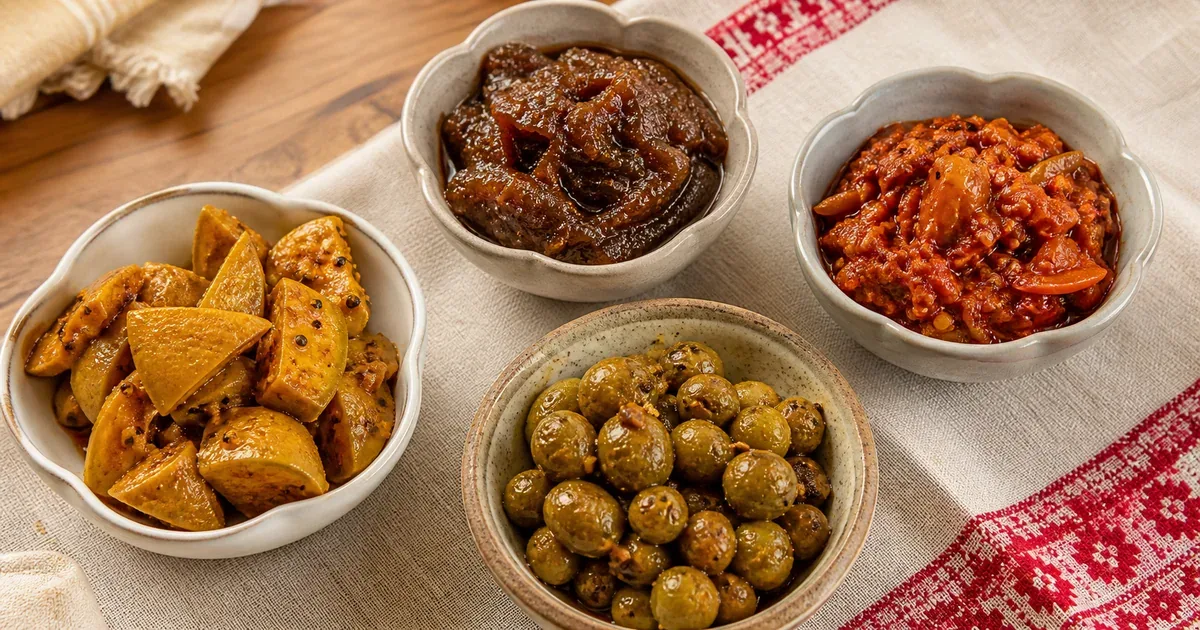 Several clean glass bowls of mango, olive, tamarind and chilli pickle