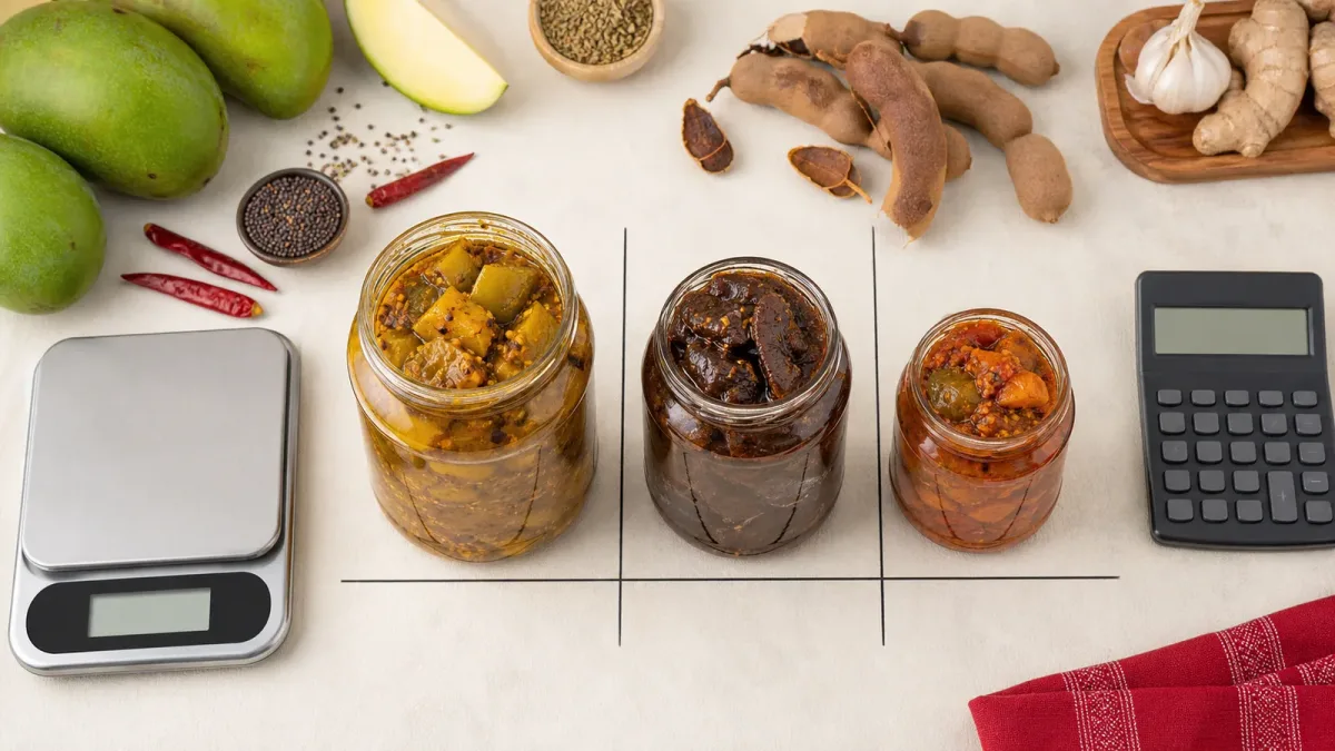 Three unbranded achar jars of different sizes beside a calculator and kitchen scale Three unbranded achar jars of different sizes beside a calculator and kitchen scale