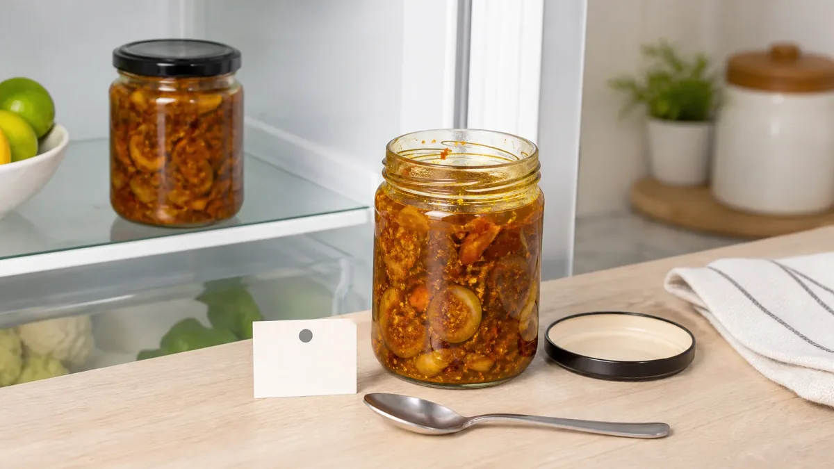 Opened unbranded achar jar with a clean dry spoon, date note and refrigerator shelf checklist