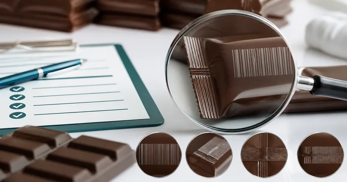 Hands checking a sealed chocolate pack, barcode and batch details Hands checking a sealed chocolate pack, barcode and batch details