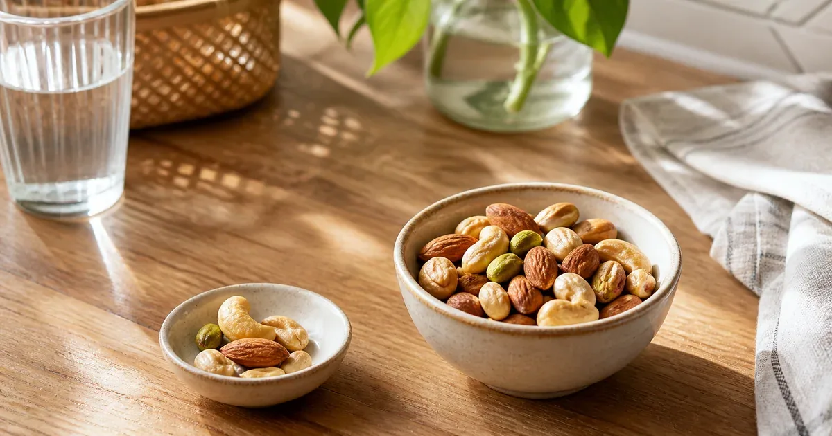 Small measured bowls of almonds, peanuts and cashews Small measured bowls of almonds, peanuts and cashews