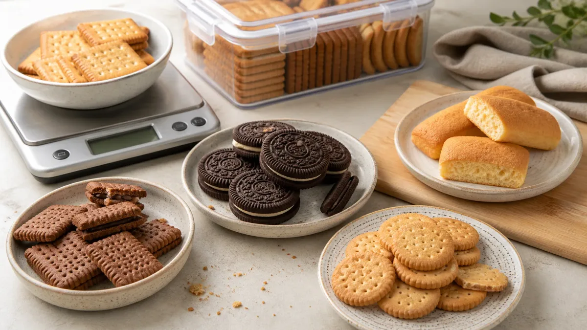 Unbranded biscuit and cookie formats arranged for comparison with a scale and serving plates Unbranded biscuit and cookie formats arranged for comparison with a scale and serving plates