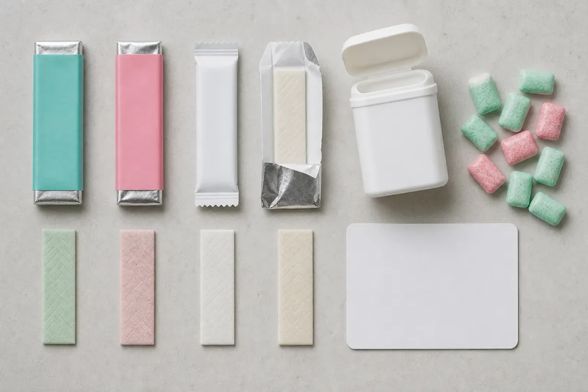 Unbranded gum stick packs, individual sticks, pellets and a blank count card arranged for comparison