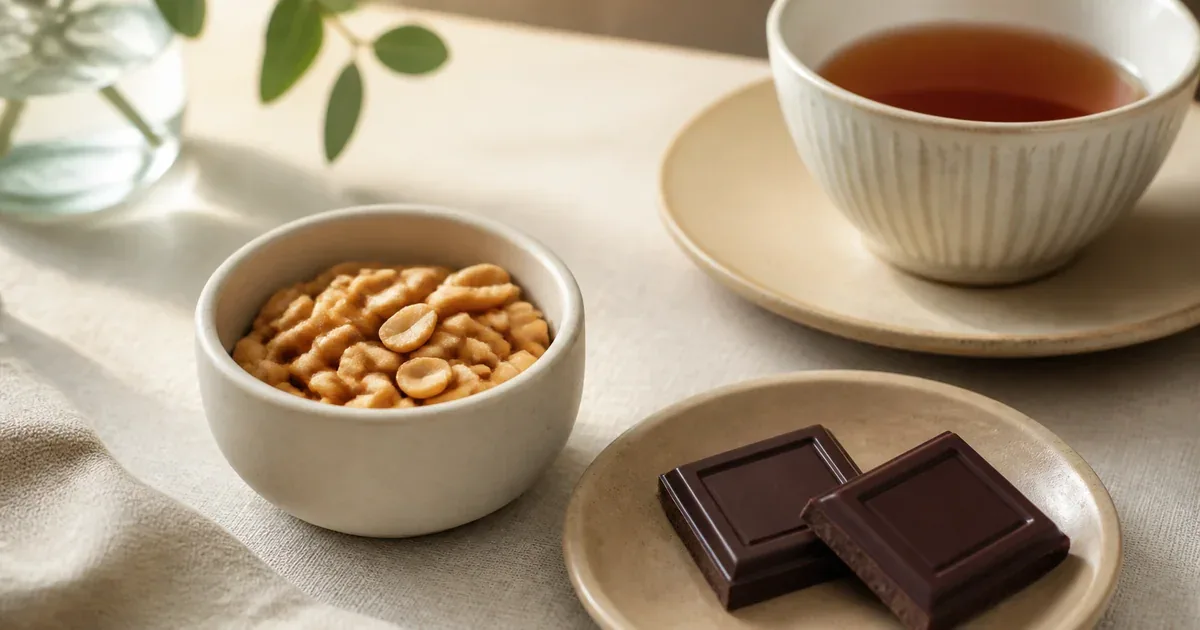 Small bowl of nut spread with dark chocolate squares and measured nuts Small bowl of nut spread with dark chocolate squares and measured nuts
