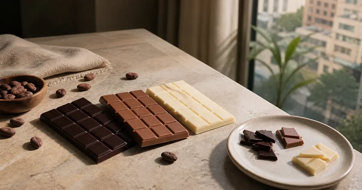 Dark, milk and white chocolate samples arranged for a beginner tasting Dark, milk and white chocolate samples arranged for a beginner tasting