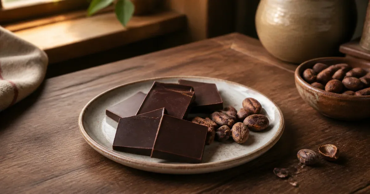 Small portions of dark chocolate and cocoa beans on a ceramic plate Small portions of dark chocolate and cocoa beans on a ceramic plate