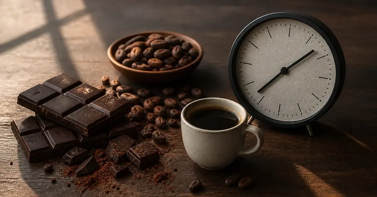 Dark chocolate squares beside cocoa beans, a small coffee cup and a clock Dark chocolate squares beside cocoa beans, a small coffee cup and a clock