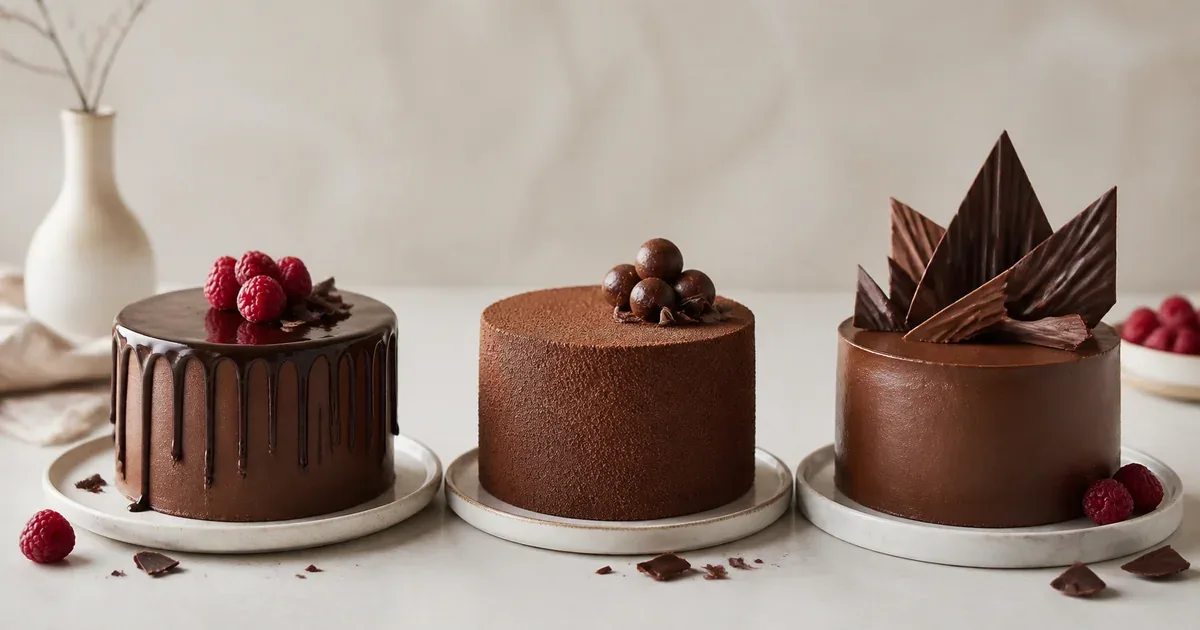 Three modern chocolate cakes with ganache, cocoa texture and chocolate shards Three modern chocolate cakes with ganache, cocoa texture and chocolate shards