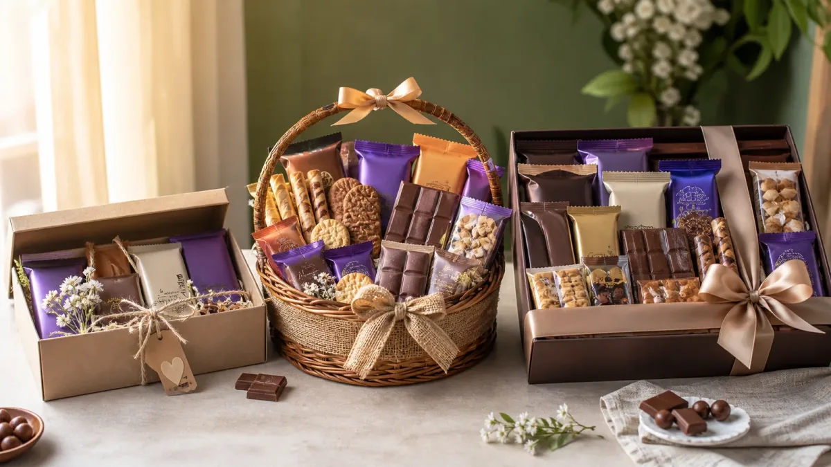 Chocolate gift box with a simple blank card and ribbon for an anniversary