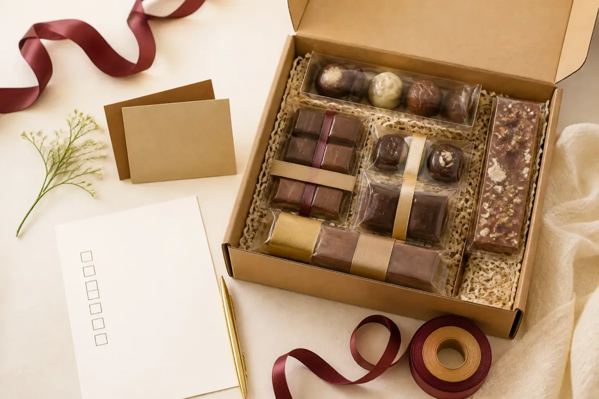 Open unbranded chocolate gift box with assorted formats and planning cards Open unbranded chocolate gift box with assorted formats and planning cards