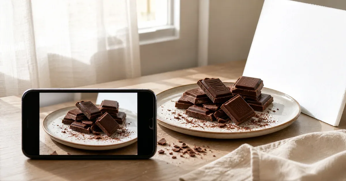 Window light ও reflector ব্যবহার করে phone-এ chocolate photo তোলা হচ্ছে