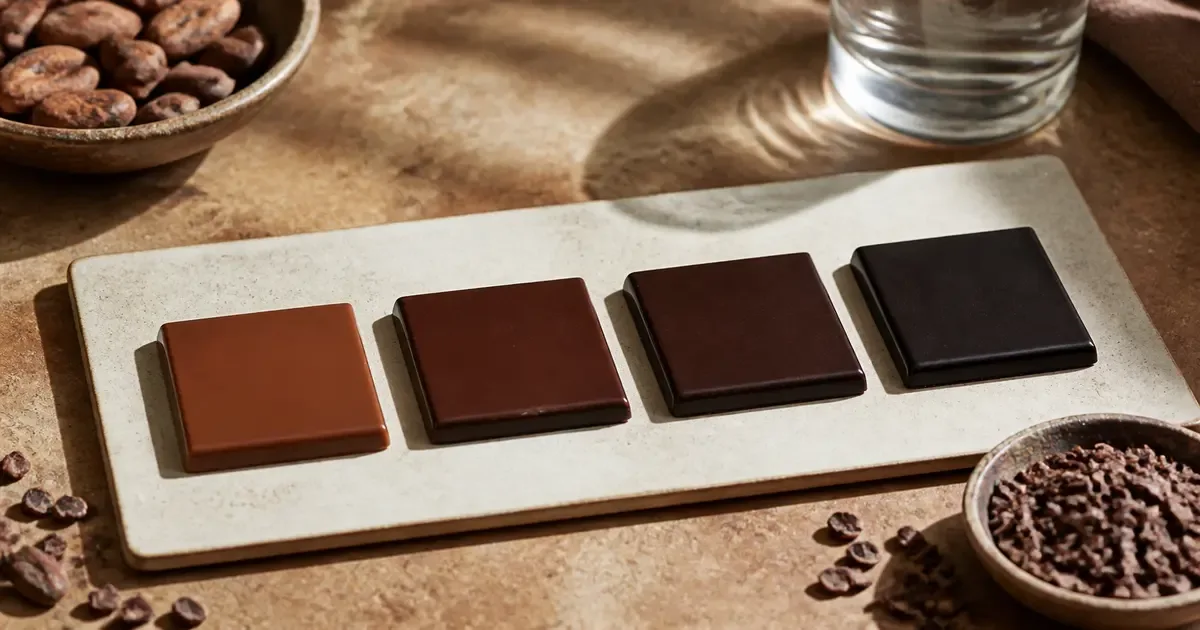 Four unbranded dark chocolate squares arranged from 50 to 100 percent cocoa intensity Four unbranded dark chocolate squares arranged from 50 to 100 percent cocoa intensity