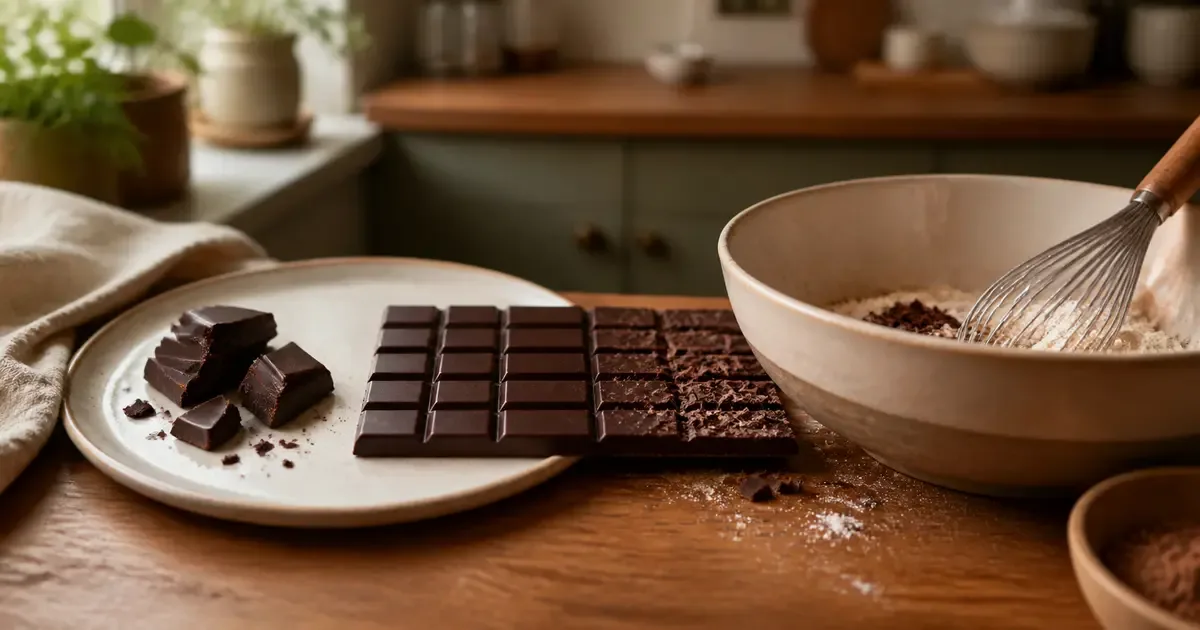 Dark chocolate split between a tasting plate and a home baking bowl Dark chocolate split between a tasting plate and a home baking bowl