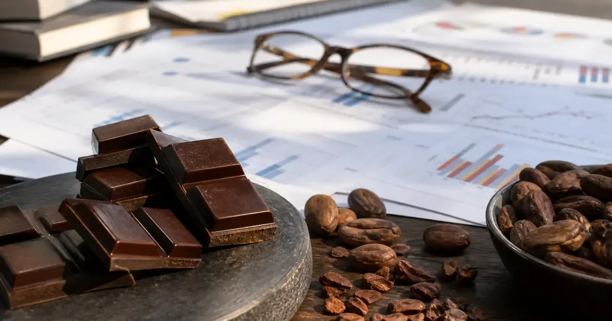Dark chocolate, cocoa beans and research papers arranged on a neutral desk Dark chocolate, cocoa beans and research papers arranged on a neutral desk