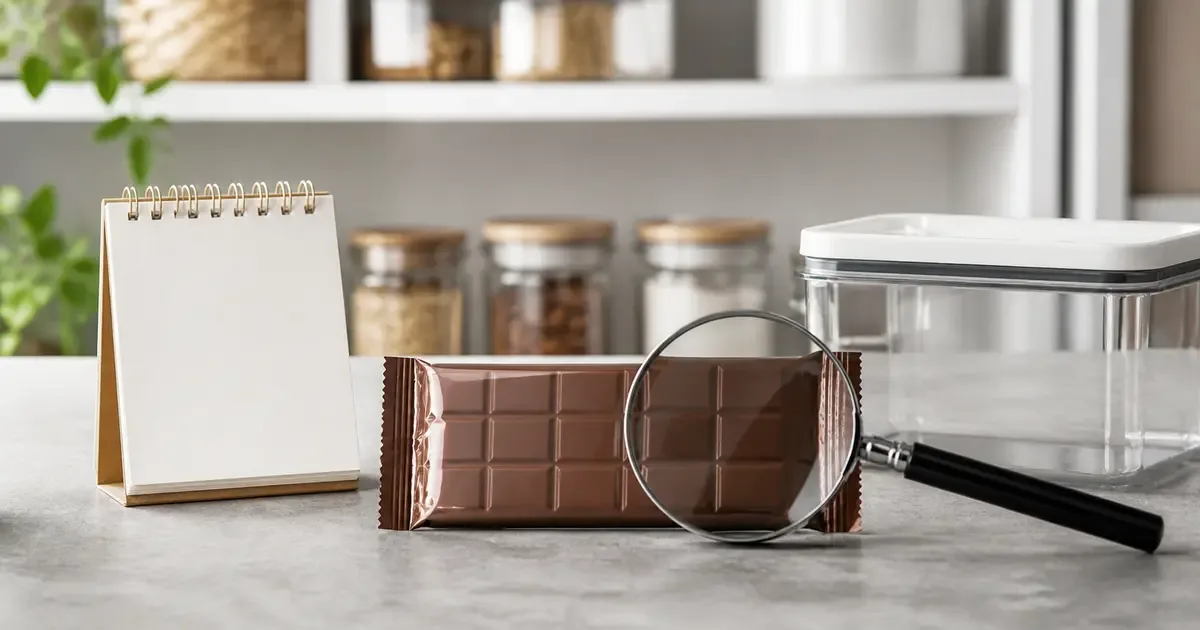 Wrapped chocolate bar beside a calendar, dry storage jar and inspection checklist Wrapped chocolate bar beside a calendar, dry storage jar and inspection checklist