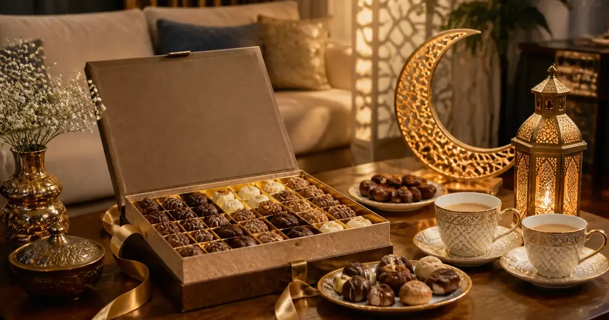 Shareable chocolate hamper arranged on an Eid family tea table