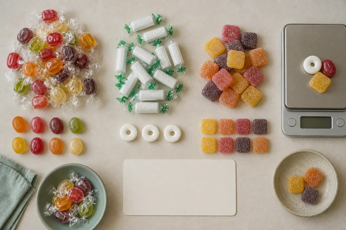 Unbranded wrapped hard candies and rolls arranged beside a blank count card and kitchen scale Unbranded wrapped hard candies and rolls arranged beside a blank count card and kitchen scale