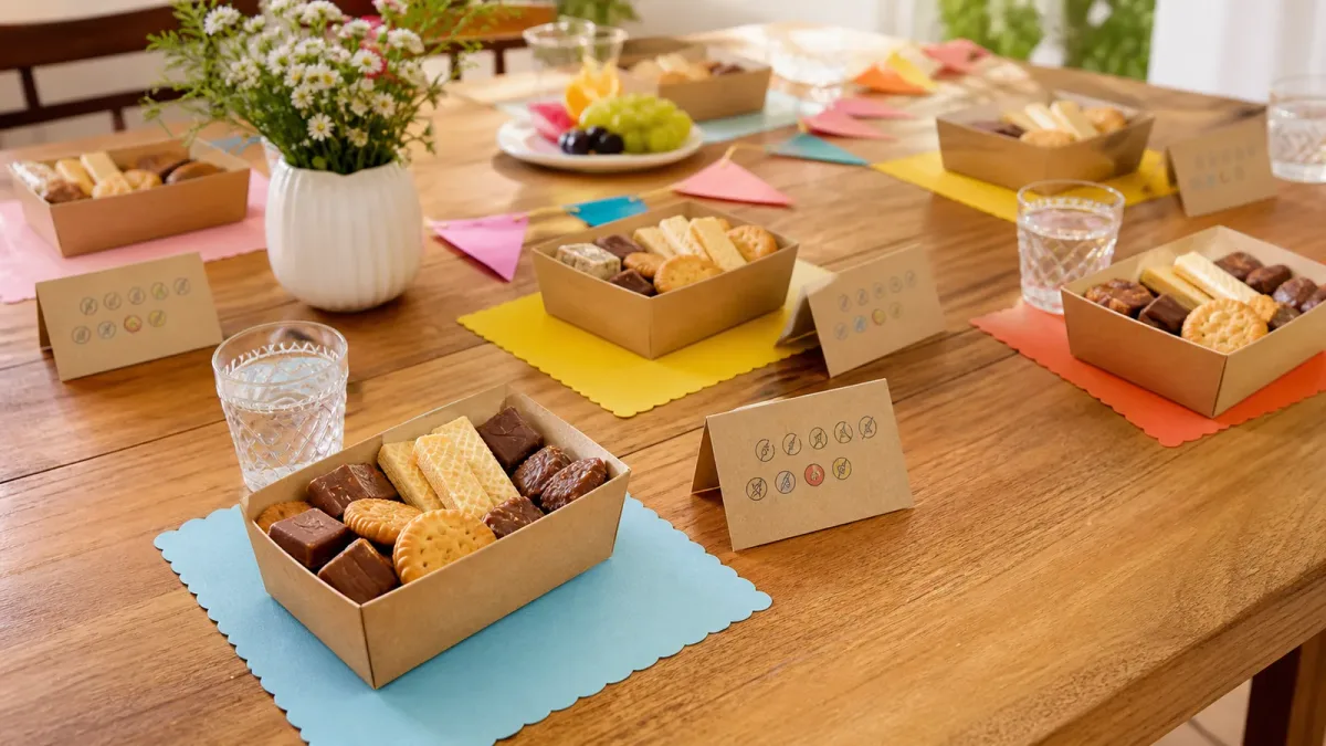 Colourful unbranded children's birthday snack boxes arranged by place setting with ingredient cards