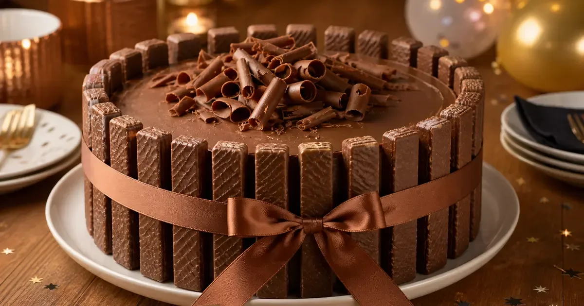 Chocolate cake bordered with unbranded chocolate-coated wafer fingers Chocolate cake bordered with unbranded chocolate-coated wafer fingers