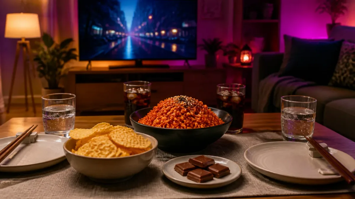 K-drama watch party snack table with spicy noodles, neutral crisps, sweets and cold drinks
