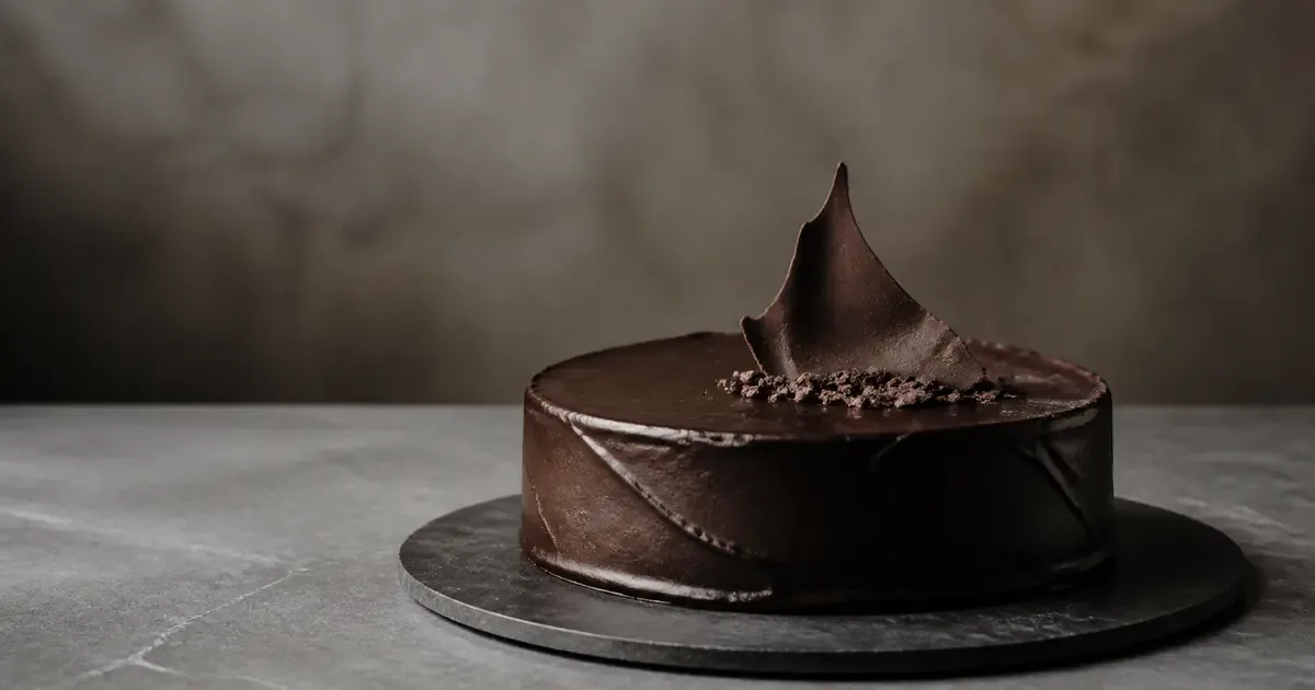 Minimal dark chocolate cake with asymmetrical ganache texture and one chocolate shard Minimal dark chocolate cake with asymmetrical ganache texture and one chocolate shard