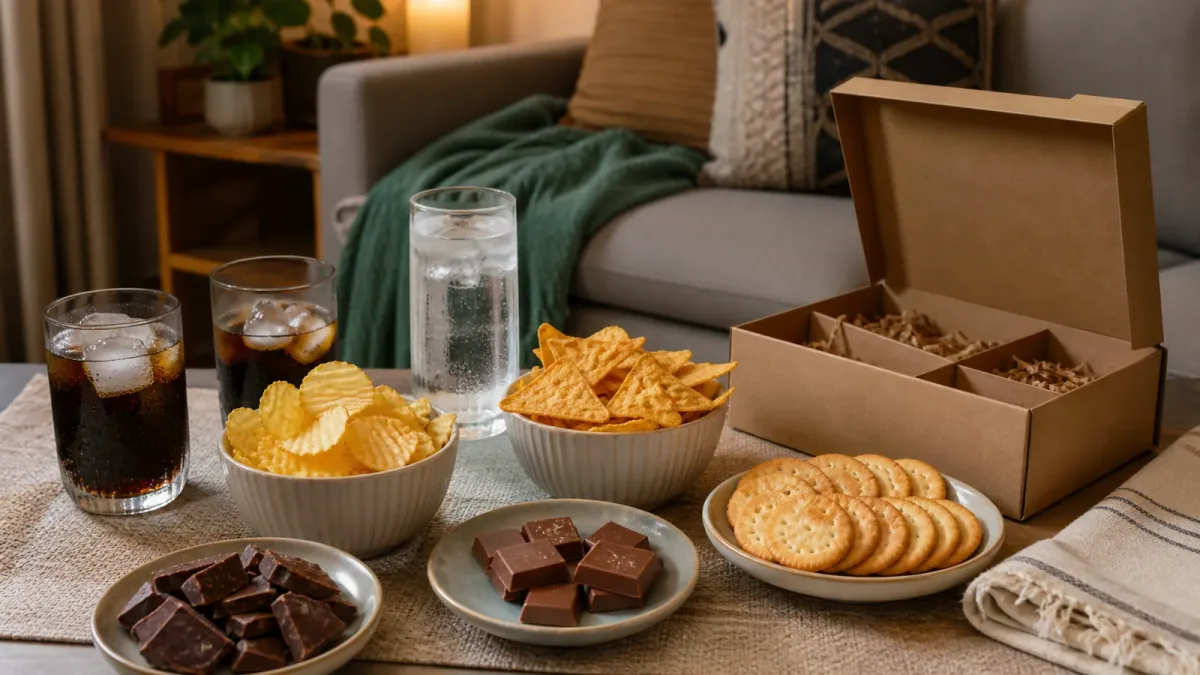 Cozy movie-night snack box with two bowls, chocolate portions and cold drinks