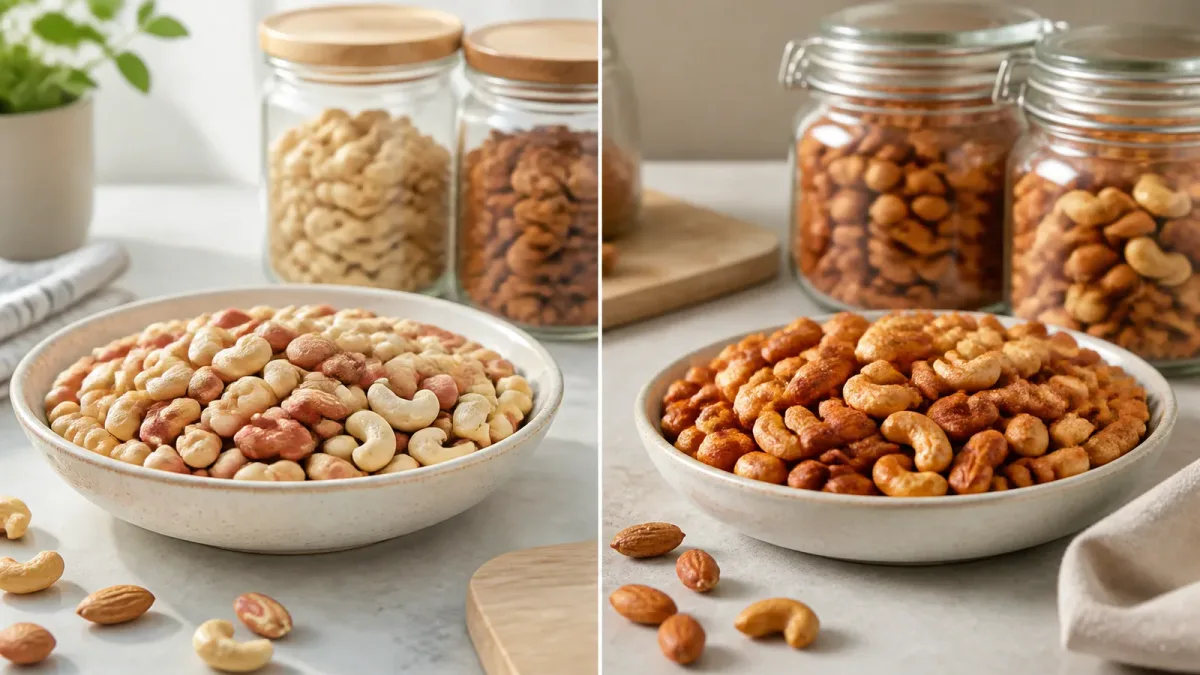 Raw-looking and roasted mixed nuts separated into two unbranded bowls with intact storage jars