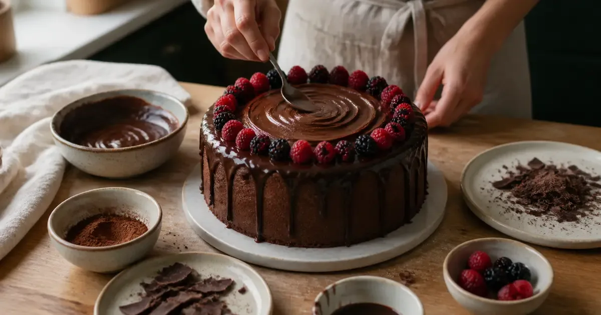 Homemade chocolate cake with simple swirl, cocoa and chocolate-shard decorating tools Homemade chocolate cake with simple swirl, cocoa and chocolate-shard decorating tools