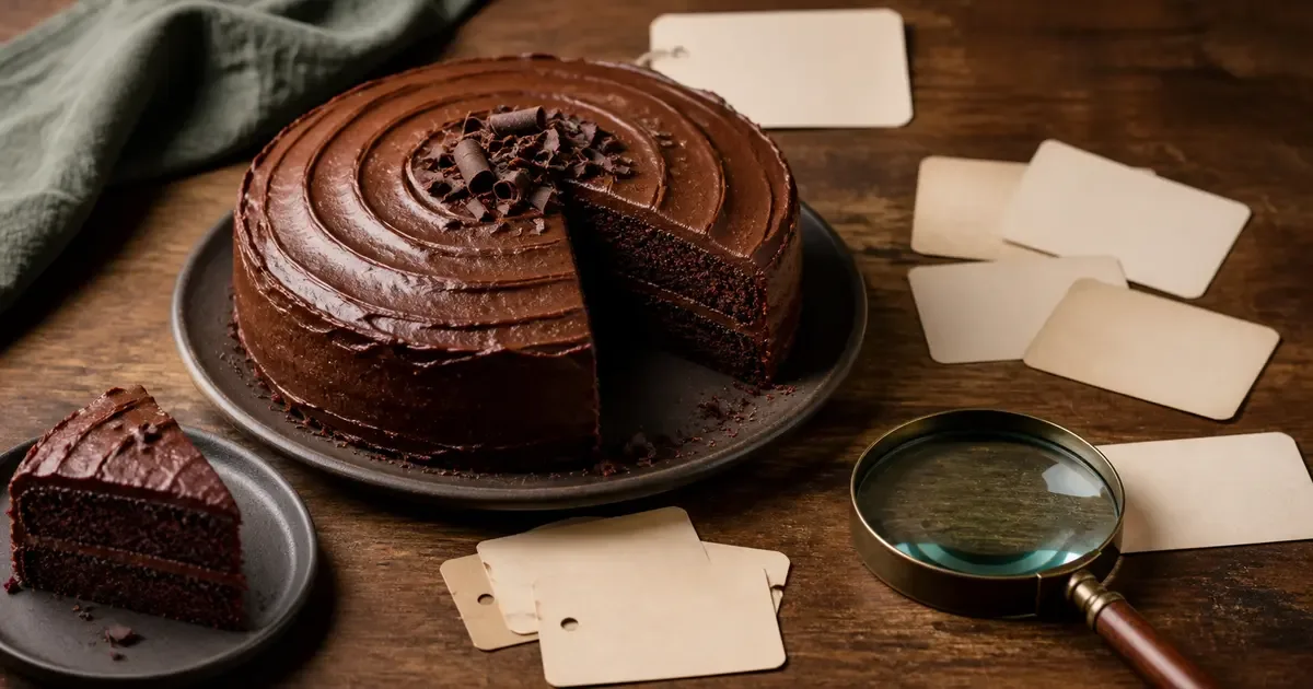 Chocolate cake with a missing slice, magnifying glass and blank clue cards Chocolate cake with a missing slice, magnifying glass and blank clue cards
