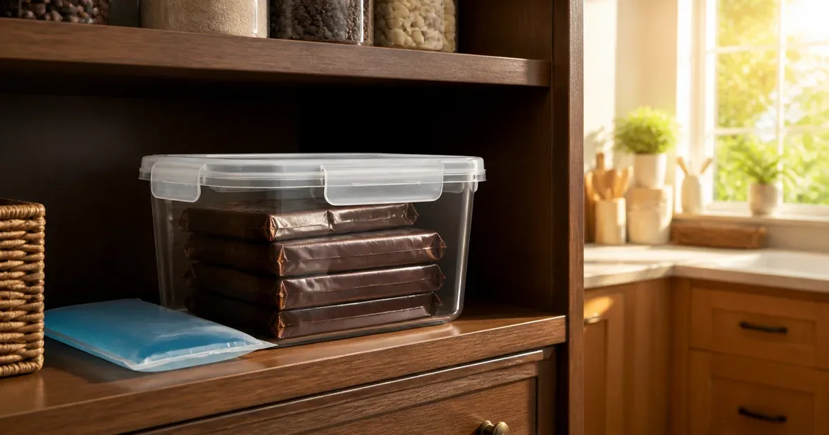 Wrapped chocolate in an airtight box inside a cool kitchen cupboard Wrapped chocolate in an airtight box inside a cool kitchen cupboard