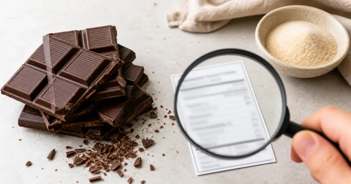 Unbranded dark chocolate beside a magnified nutrition label and sweetener spoon Unbranded dark chocolate beside a magnified nutrition label and sweetener spoon