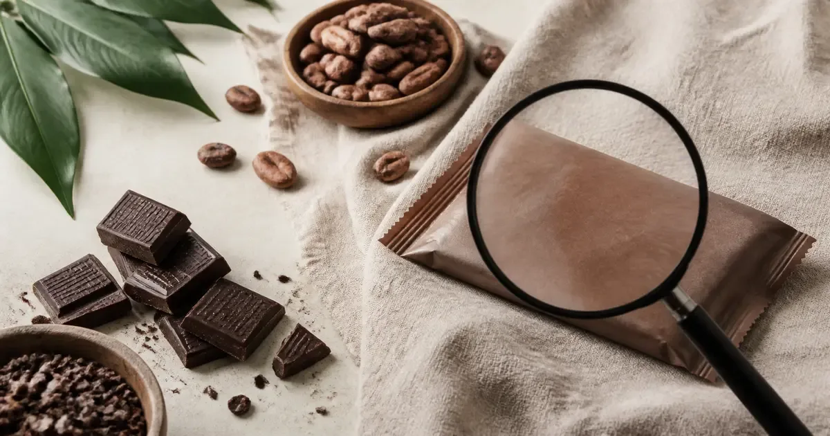 Plant leaves, cocoa beans and a chocolate label checklist with no visible brand Plant leaves, cocoa beans and a chocolate label checklist with no visible brand
