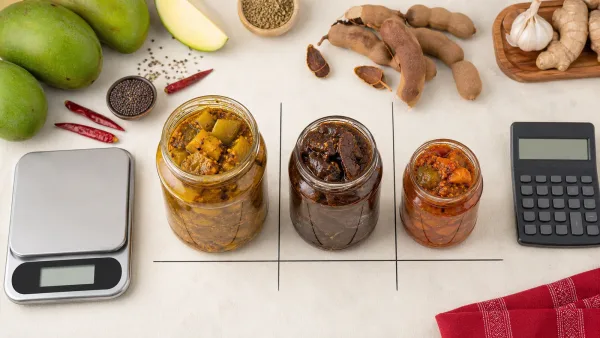 Three unbranded achar jars of different sizes beside a calculator and kitchen scale Three unbranded achar jars of different sizes beside a calculator and kitchen scale
