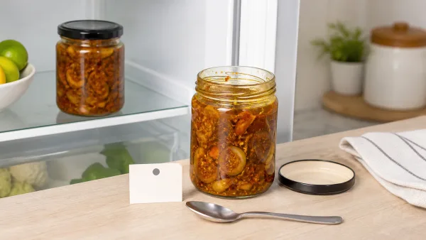 Opened unbranded achar jar with a clean dry spoon, date note and refrigerator shelf checklist Opened unbranded achar jar with a clean dry spoon, date note and refrigerator shelf checklist