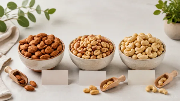 Almonds, peanuts and cashews in three labelled-by-shape unbranded bowls for a snack comparison Almonds, peanuts and cashews in three labelled-by-shape unbranded bowls for a snack comparison