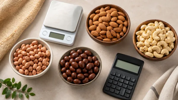 Plain peanuts, almonds, cashews and chocolate-coated nut products arranged in separate comparison bowls Plain peanuts, almonds, cashews and chocolate-coated nut products arranged in separate comparison bowls