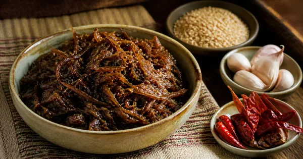Spicy mixed Burmese-style pickle in a clear jar with a dry spoon Spicy mixed Burmese-style pickle in a clear jar with a dry spoon
