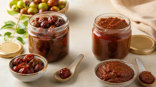 Whole-fruit and paste-style boroi achar in two unbranded glass jars with clean dry spoons Whole-fruit and paste-style boroi achar in two unbranded glass jars with clean dry spoons