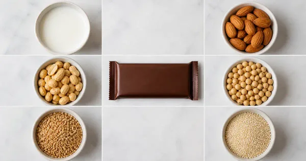 Chocolate packages separated beside milk, almond, peanut, soy and wheat allergen symbols Chocolate packages separated beside milk, almond, peanut, soy and wheat allergen symbols