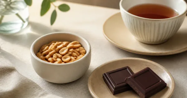 Small bowl of nut spread with dark chocolate squares and measured nuts Small bowl of nut spread with dark chocolate squares and measured nuts