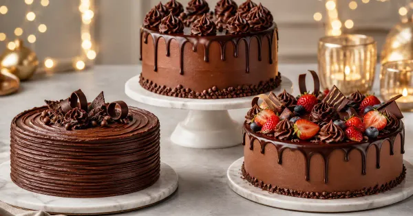 Three chocolate birthday cakes showing drip, texture and fruit decoration ideas Three chocolate birthday cakes showing drip, texture and fruit decoration ideas