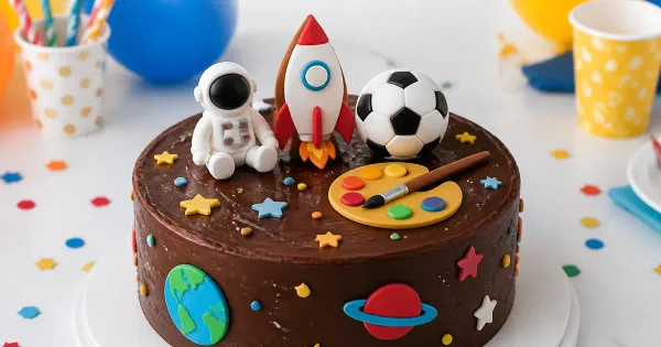 Chocolate birthday cake with space, football and art theme options Chocolate birthday cake with space, football and art theme options