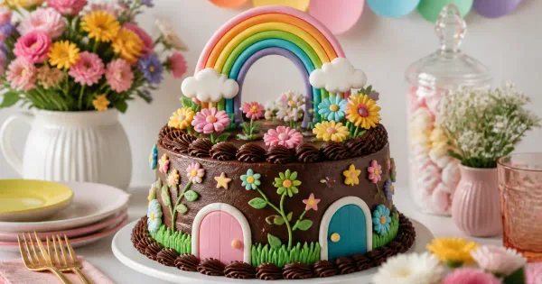 Chocolate birthday cake with garden, rainbow and storybook theme options Chocolate birthday cake with garden, rainbow and storybook theme options