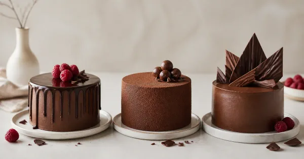 Three modern chocolate cakes with ganache, cocoa texture and chocolate shards Three modern chocolate cakes with ganache, cocoa texture and chocolate shards