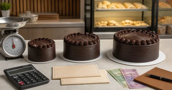 Small, medium and large chocolate cakes beside a scale and calculator Small, medium and large chocolate cakes beside a scale and calculator