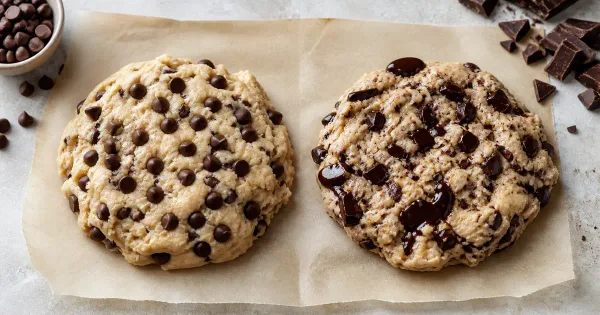 Cookie dough divided between uniform chocolate chips and irregular chopped chocolate Cookie dough divided between uniform chocolate chips and irregular chopped chocolate