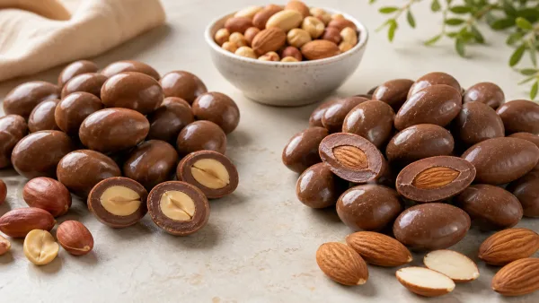 Chocolate-coated peanuts and almonds cut open beside ingredient labels in an unbranded comparison Chocolate-coated peanuts and almonds cut open beside ingredient labels in an unbranded comparison